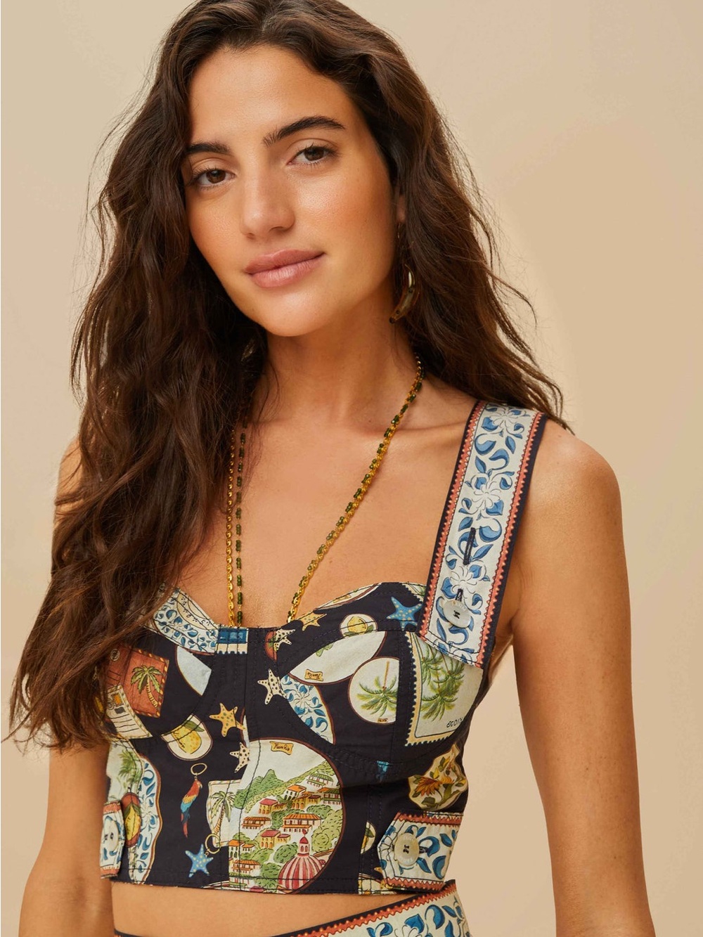 NWT FARM RIO Trip Souvenir Black Cropped Cotton Bustier Top